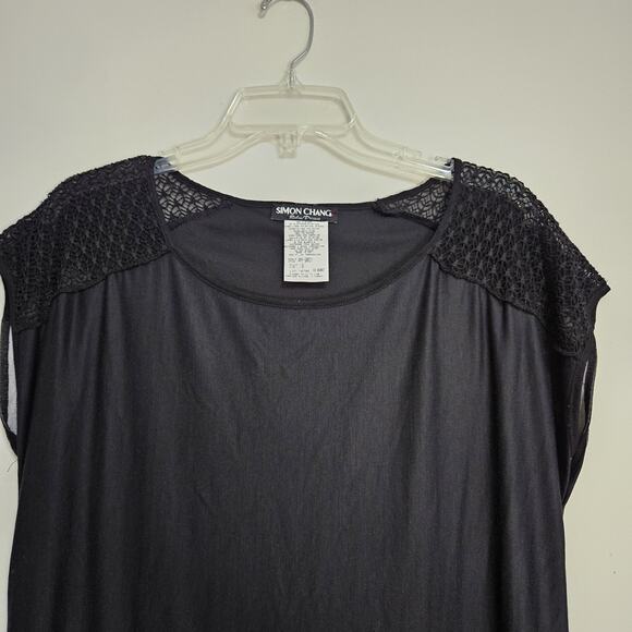 Simon Chang Designer Black Shift Dress Wearable Art Mesh Lace Shoulders Size 8 - Picture 2 of 10